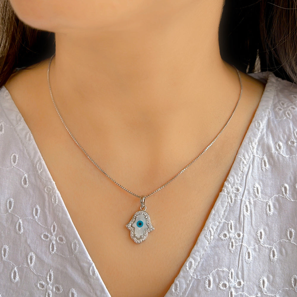 Evil Eye Silver pendant in Cubic Zirconia with chain (Humsa shaped)