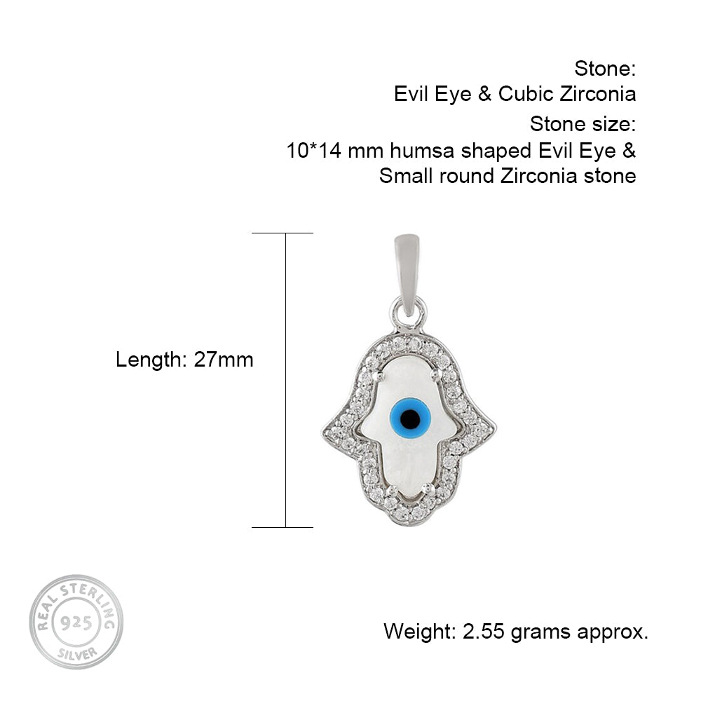 Evil Eye Silver pendant in Cubic Zirconia with chain (Humsa shaped)