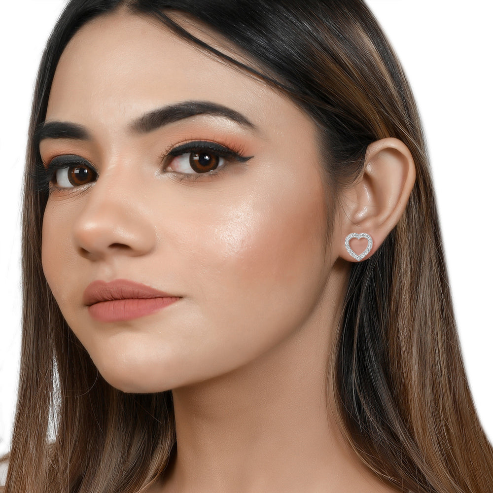 Heart Hollow Silver Studs with Cubic Zirconia