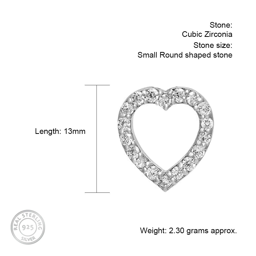 Heart Hollow Silver Studs with Cubic Zirconia