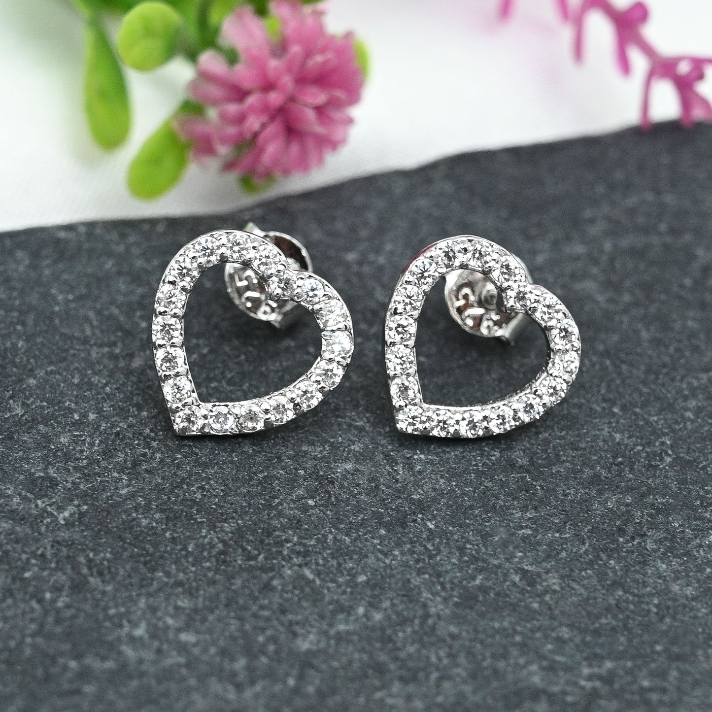 Heart Hollow Silver Studs with Cubic Zirconia