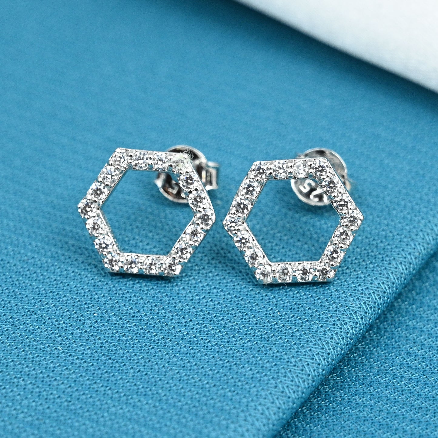 Hexagon Hollow Silver Studs with Cubic Zirconia