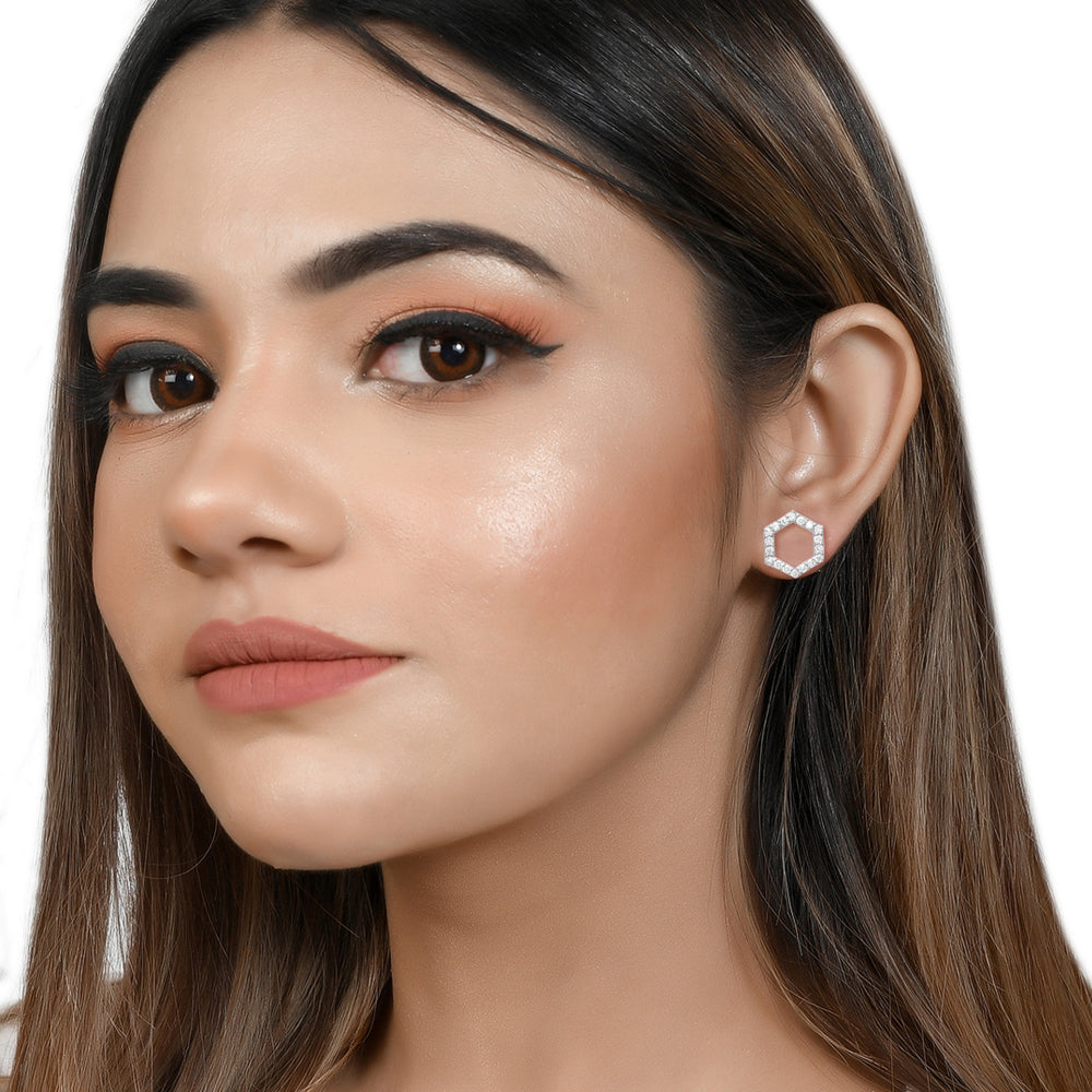 Hexagon Hollow Silver Studs with Cubic Zirconia