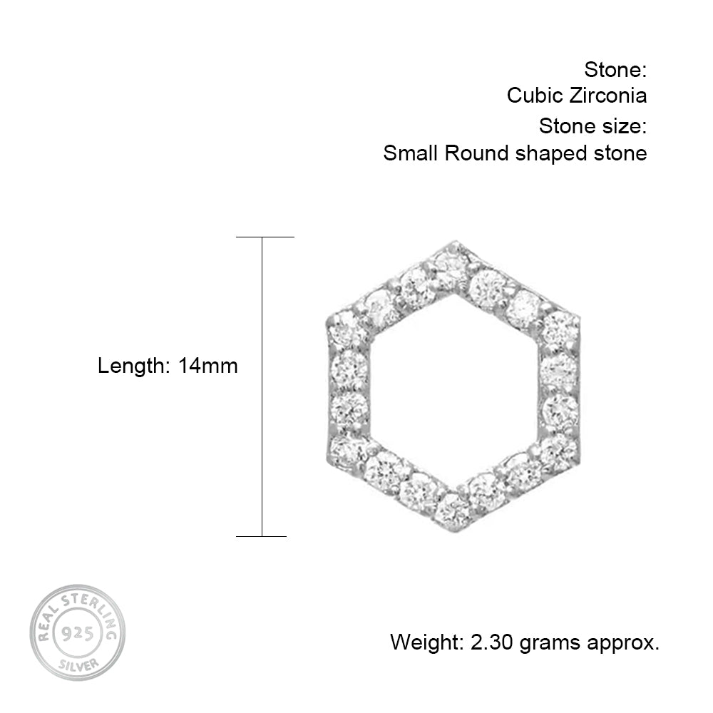 Hexagon Hollow Silver Studs with Cubic Zirconia