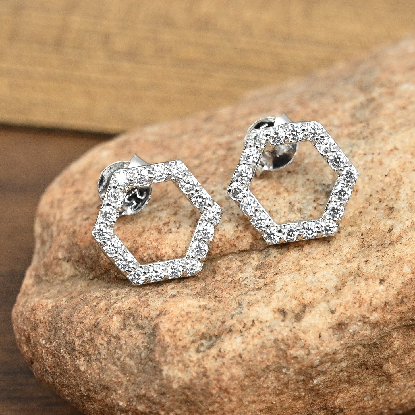 Hexagon Hollow Silver Studs with Cubic Zirconia