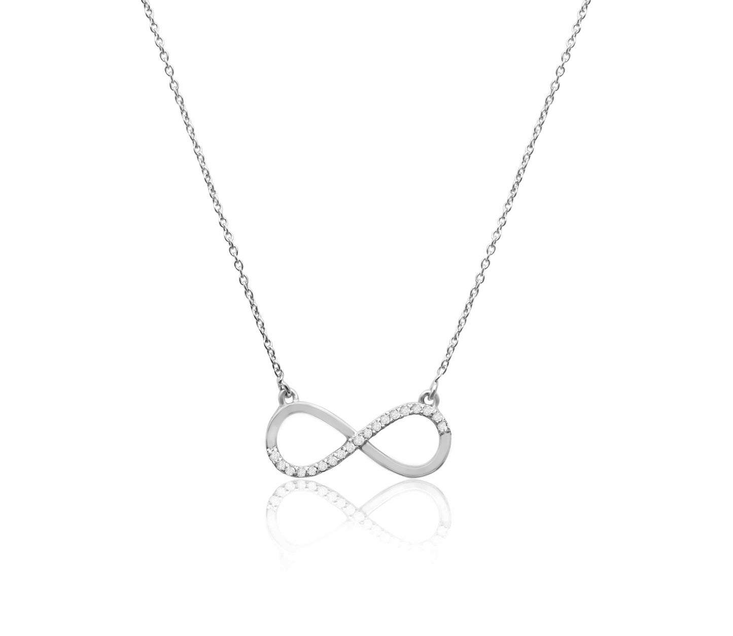 Stylish silver infinity necklace with a charming fish clasp.