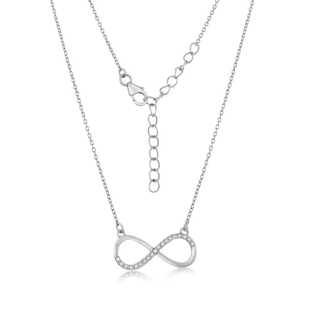 A stunning silver necklace with an infinity symbol pendant and fish clasp.