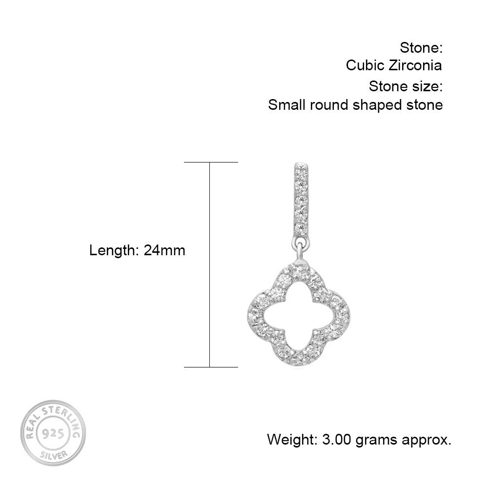 Long Clover Hollow Silver Earrings with Cubic Zirconia