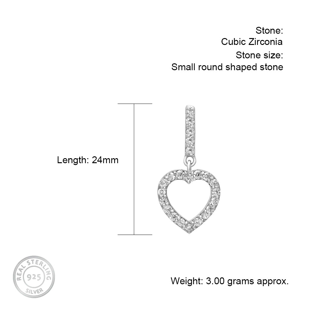 Long Heart Hollow Silver Earrings with Cubic Zirconia