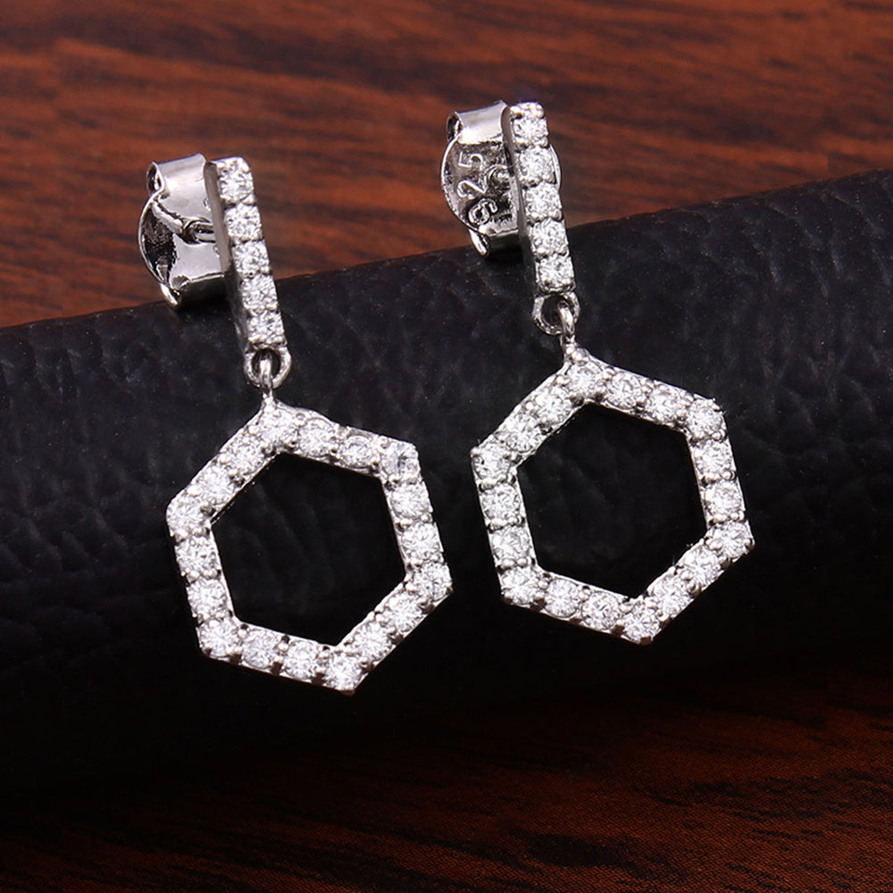 Long Hexagon Hollow Silver Earrings with Cubic Zirconia
