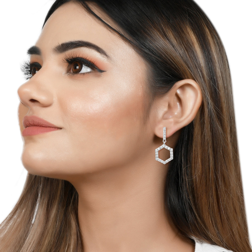 Long Hexagon Hollow Silver Earrings with Cubic Zirconia
