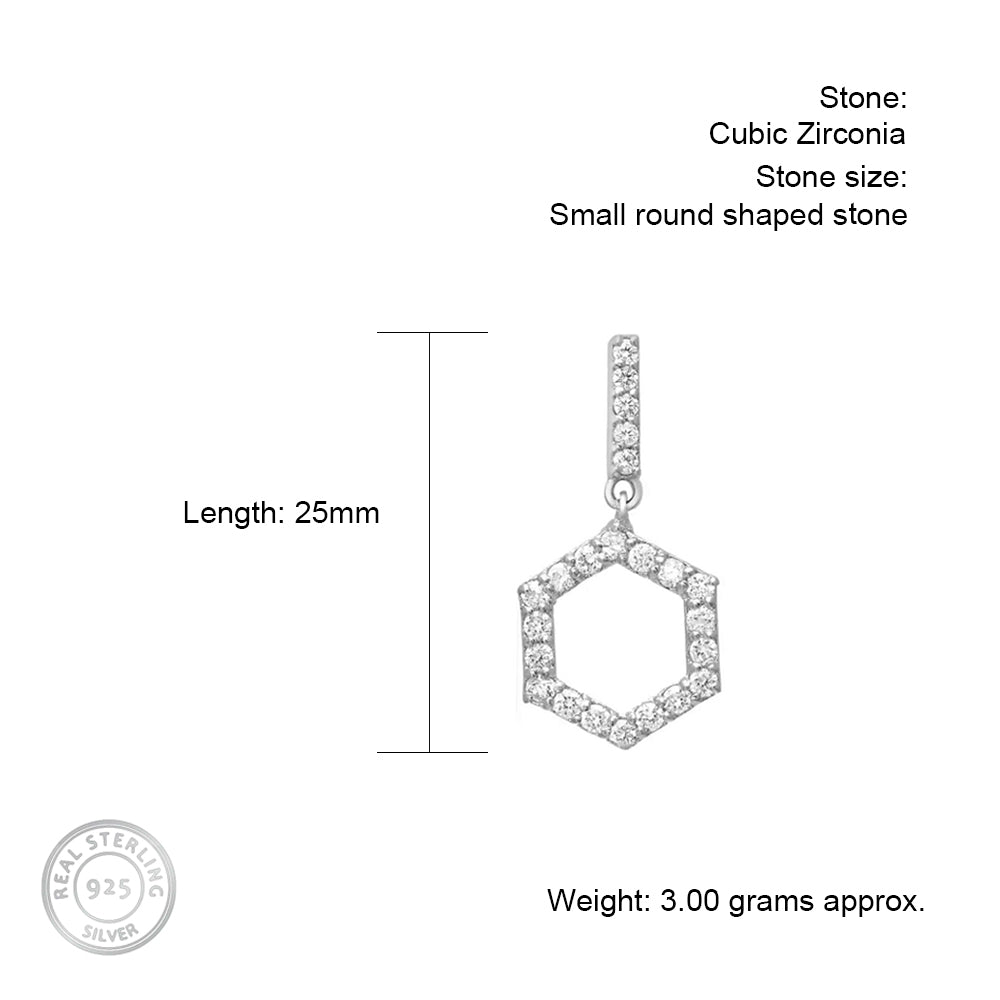 Long Hexagon Hollow Silver Earrings with Cubic Zirconia