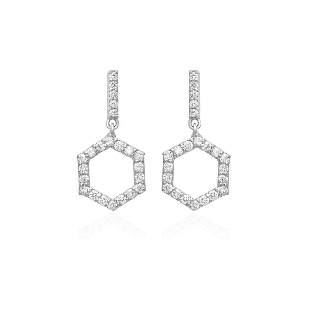 Long Hexagon Hollow Silver Earrings with Cubic Zirconia