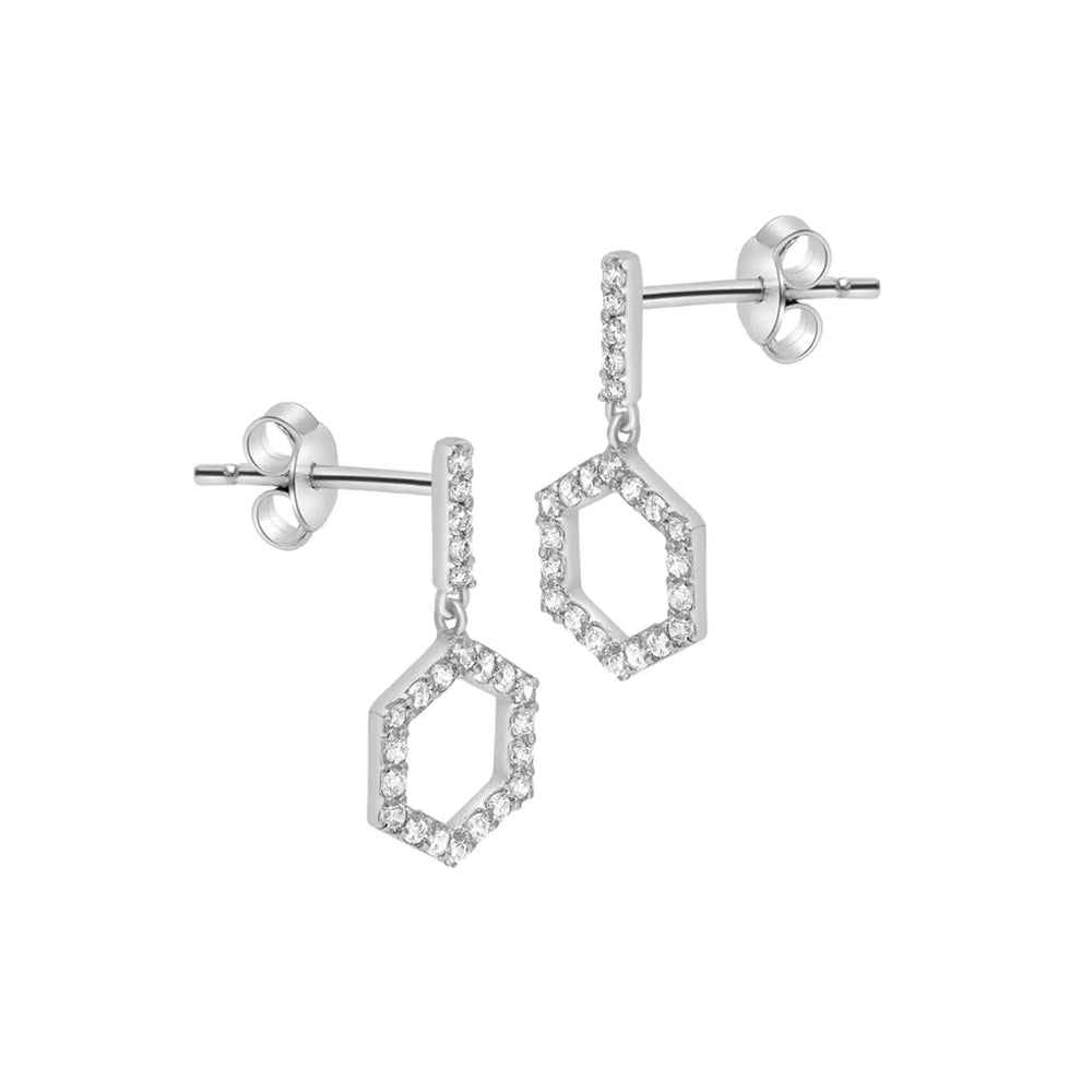 Long Hexagon Hollow Silver Earrings with Cubic Zirconia