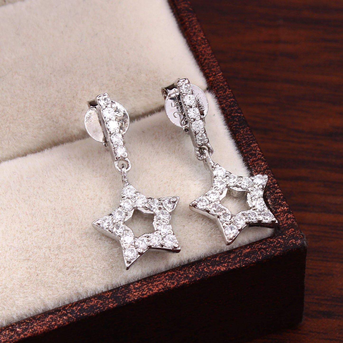 Long Star Hollow Silver Earrings with Cubic Zirconia