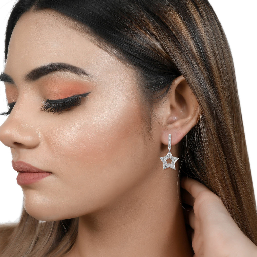Long Star Hollow Silver Earrings with Cubic Zirconia