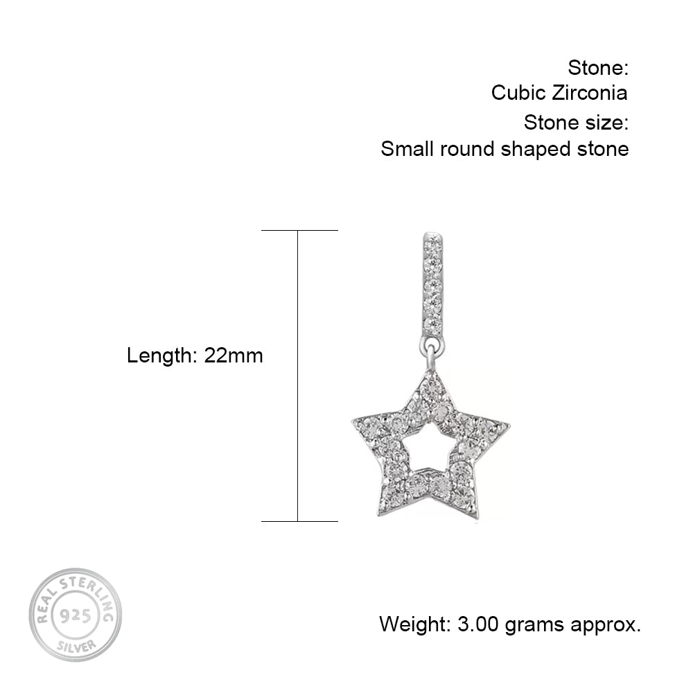 Long Star Hollow Silver Earrings with Cubic Zirconia