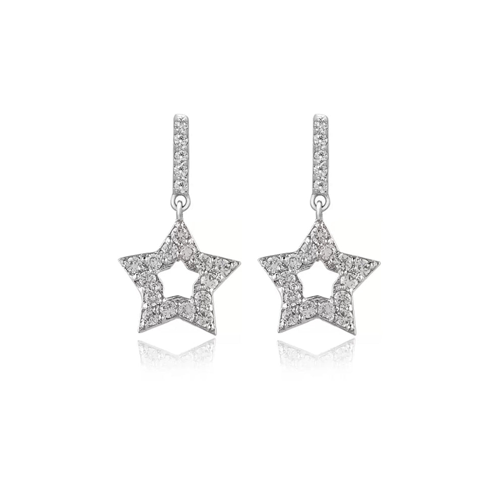 Long Star Hollow Silver Earrings with Cubic Zirconia