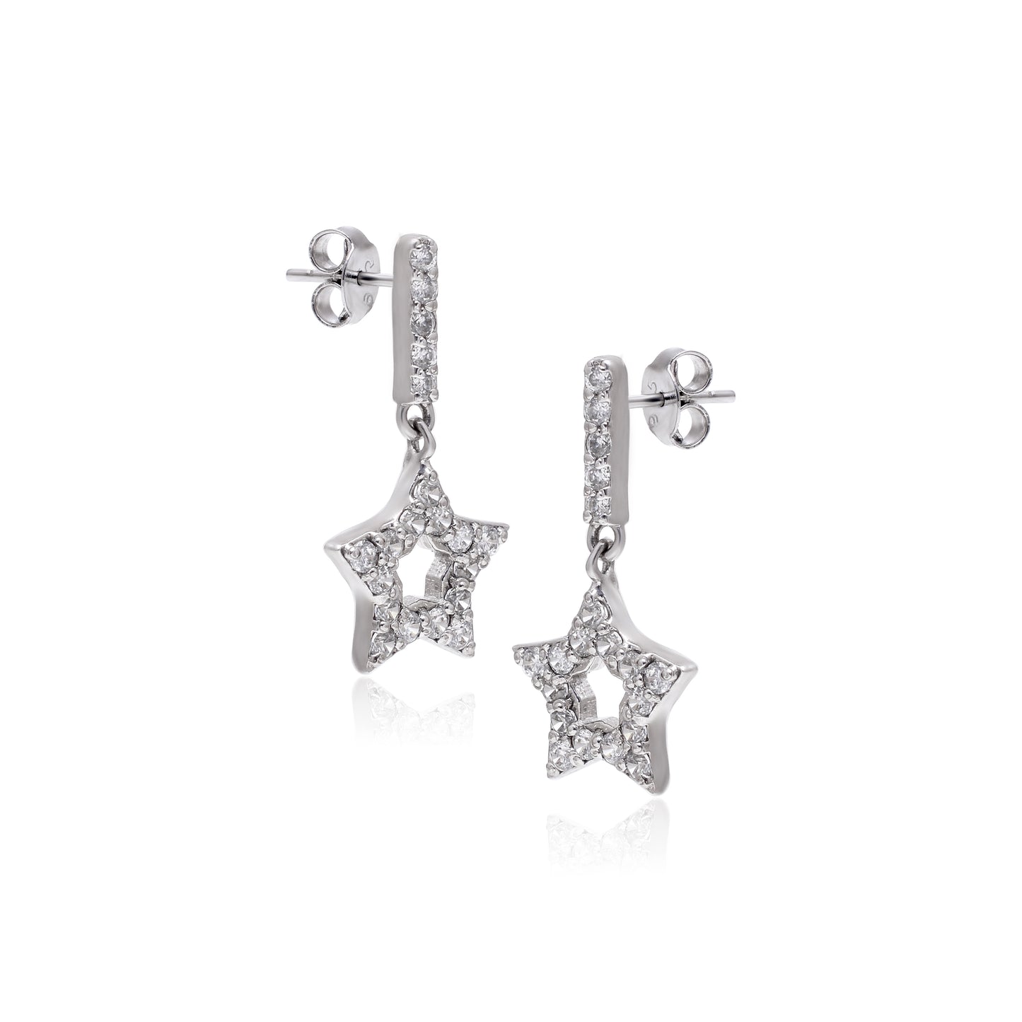 Long Star Hollow Silver Earrings with Cubic Zirconia