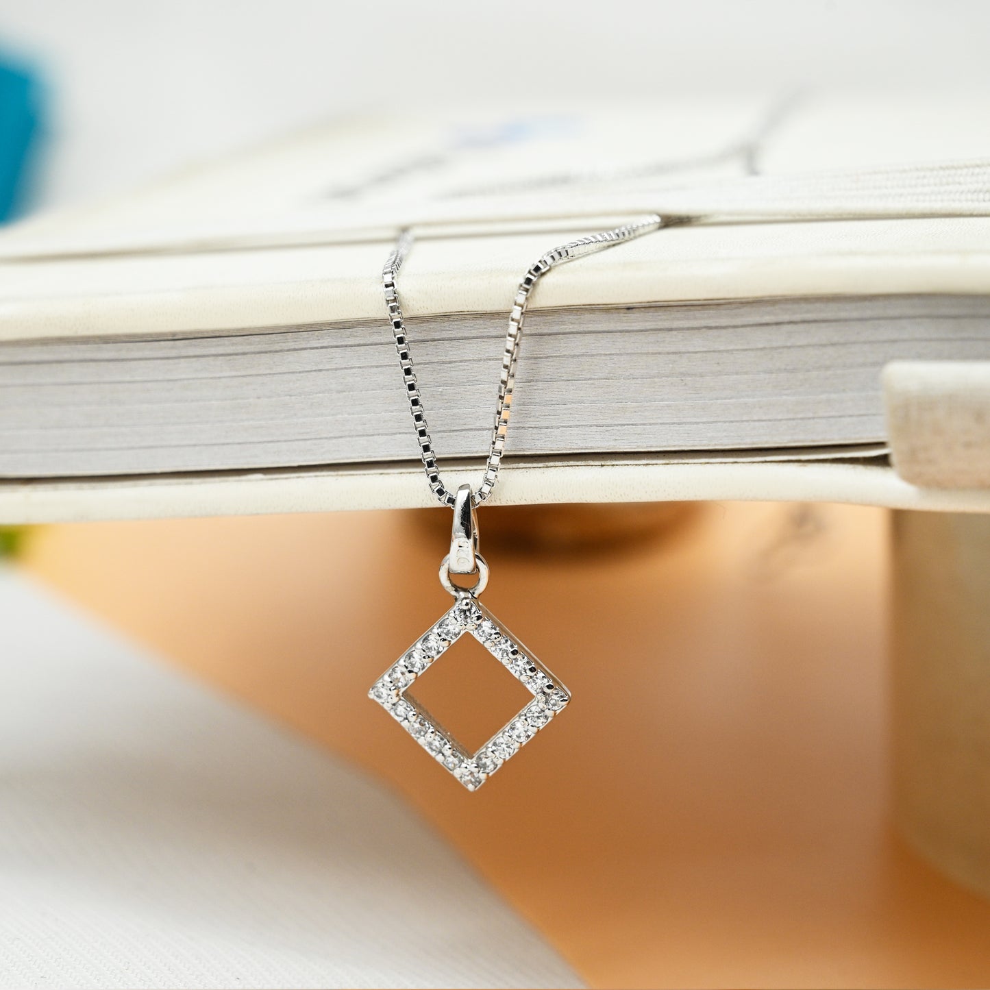 Square Shaped Hollow Silver pendant in Cubic Zirconia with chain