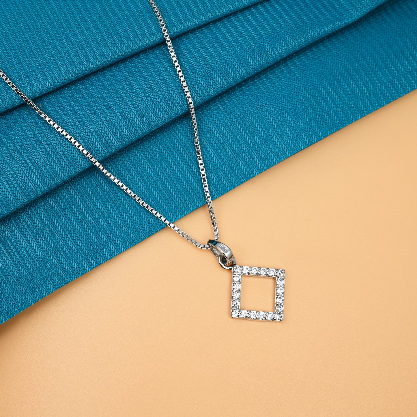 Square Shaped Hollow Silver pendant in Cubic Zirconia with chain