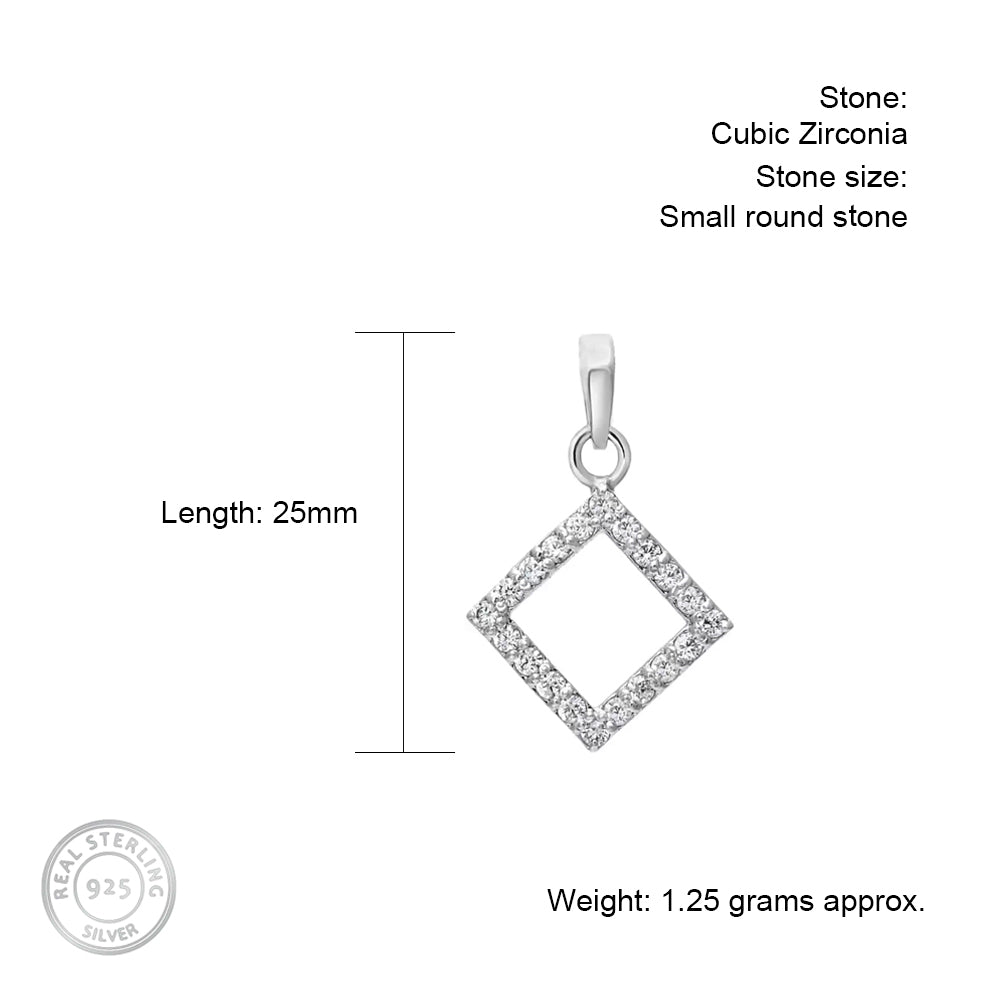 Square Shaped Hollow Silver pendant in Cubic Zirconia with chain