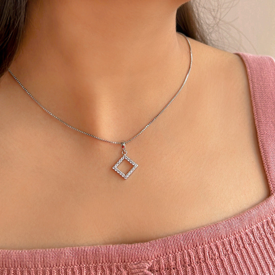 Square Shaped Hollow Silver pendant in Cubic Zirconia with chain