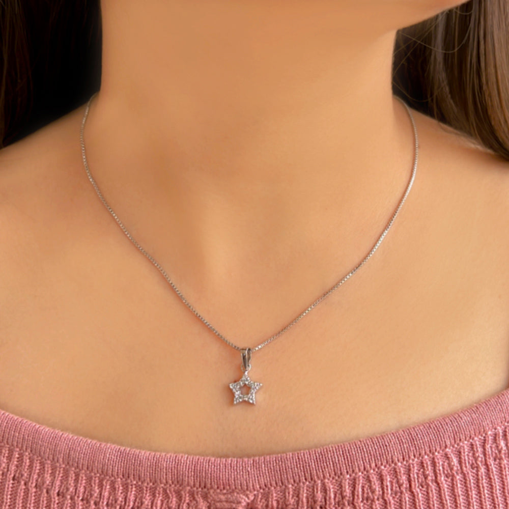 Star Shaped Hollow Silver pendant in Cubic Zirconia with chain
