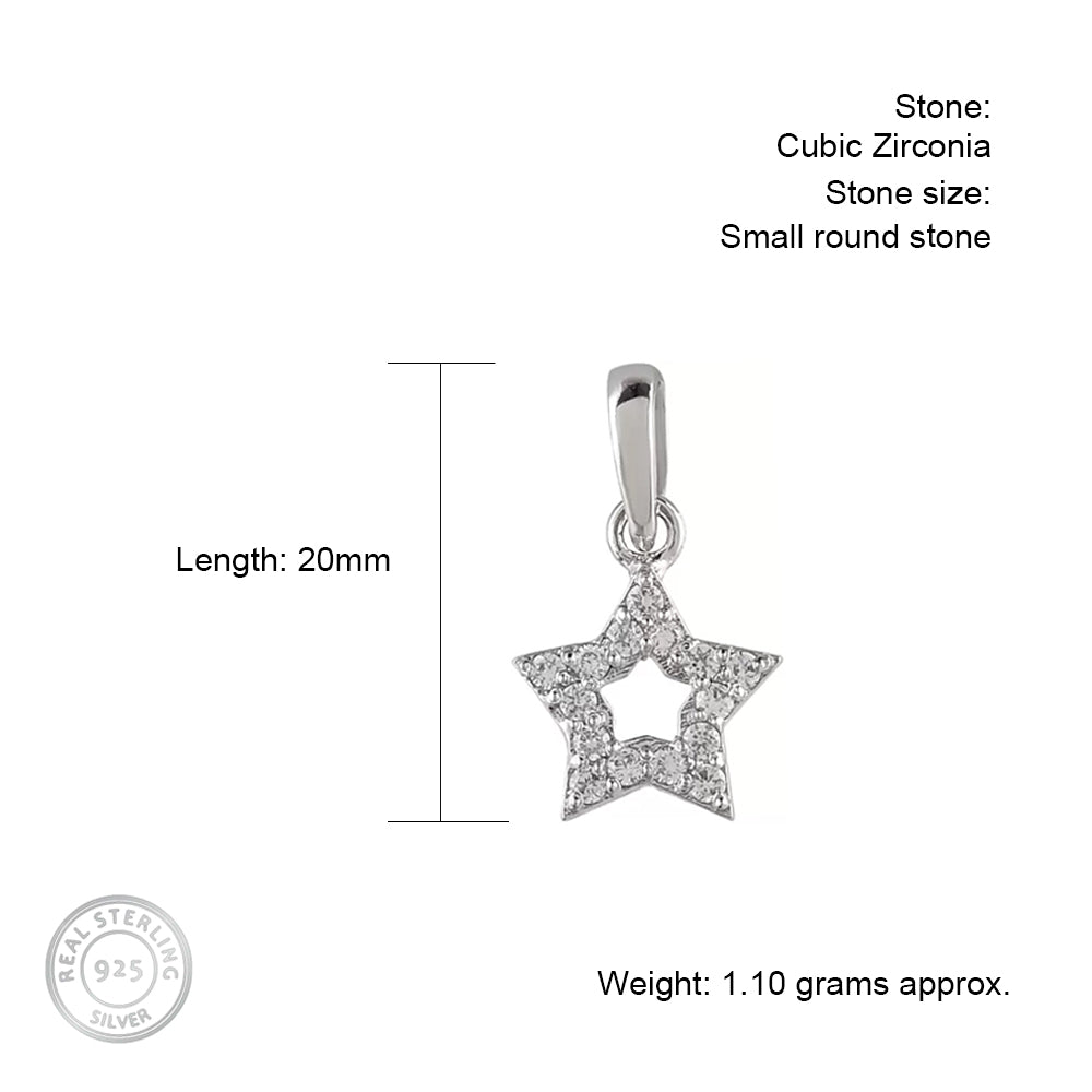 Star Shaped Hollow Silver pendant in Cubic Zirconia with chain