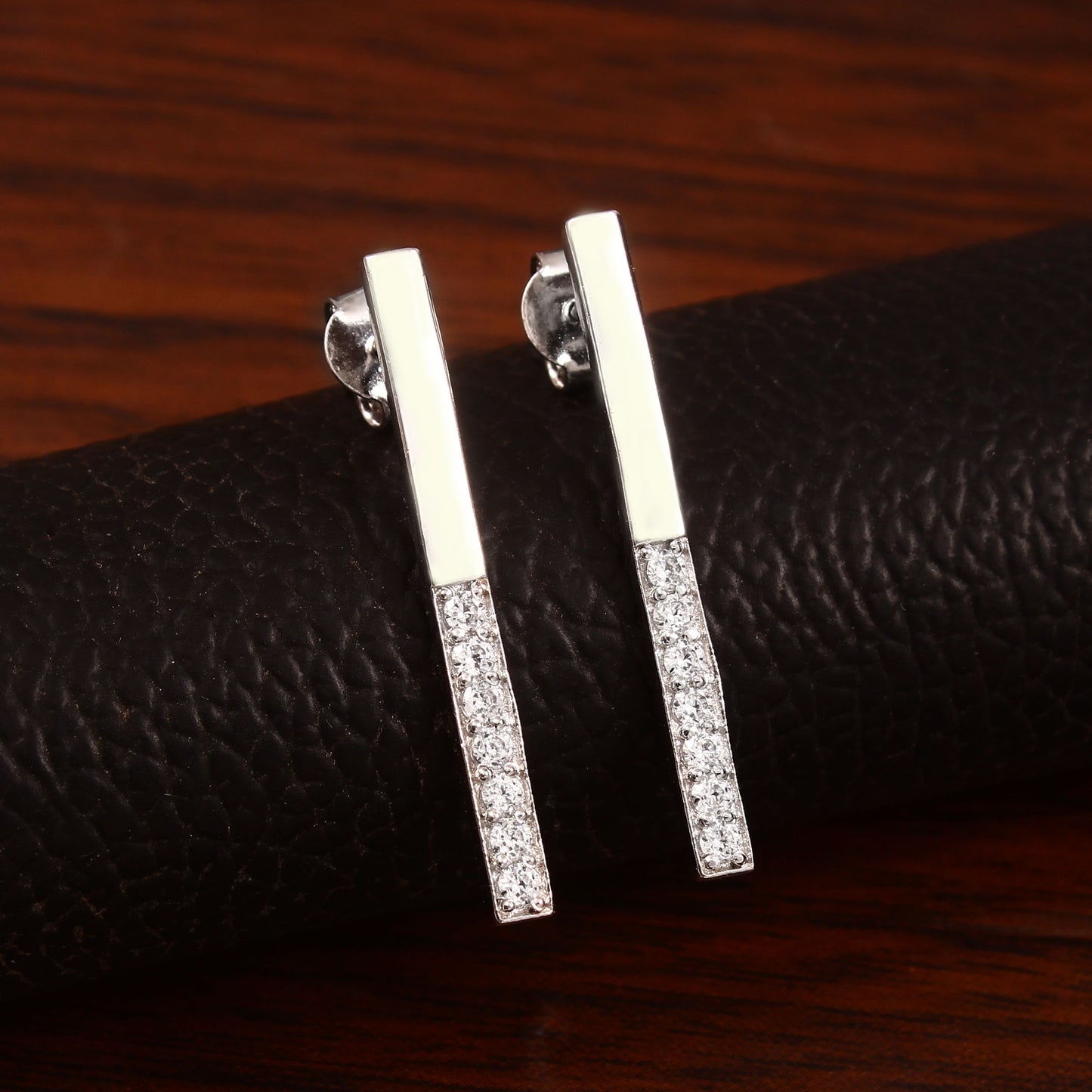 Straight Line Silver Earrings with Cubic Zirconia