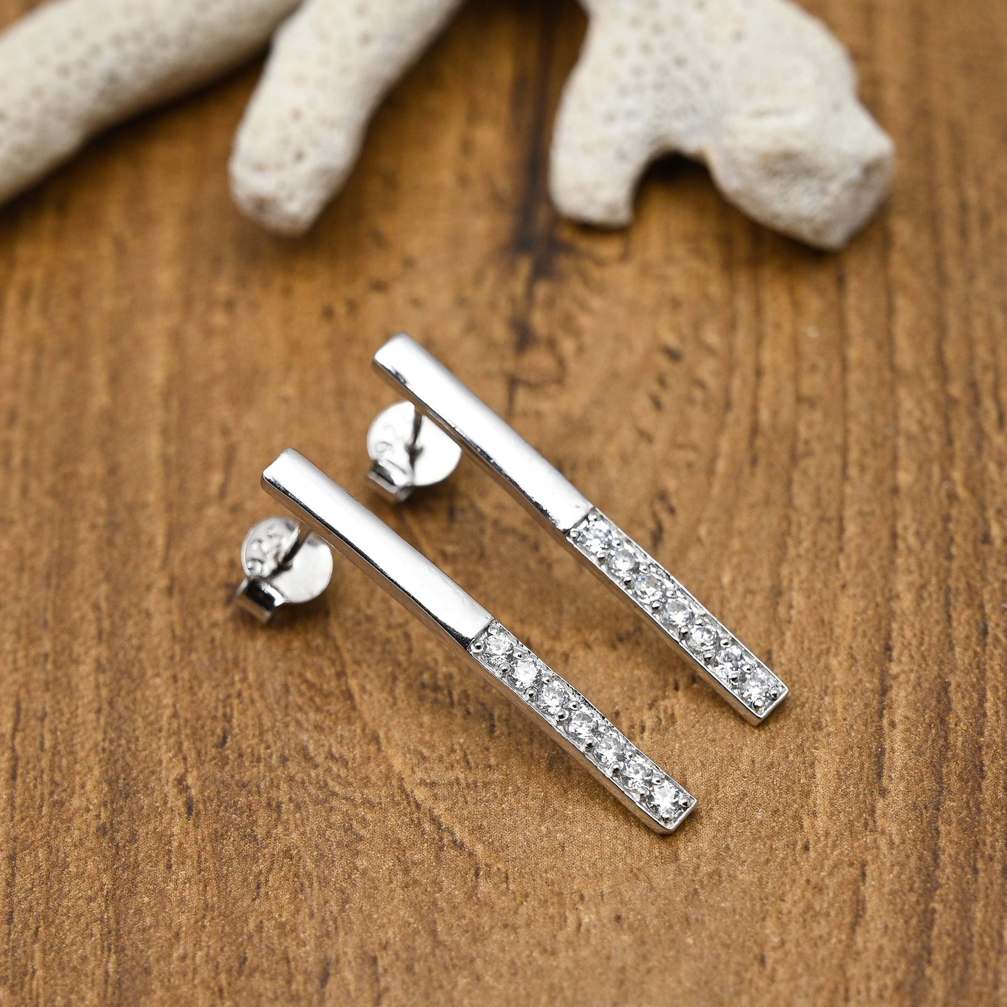 Straight Line Silver Earrings with Cubic Zirconia