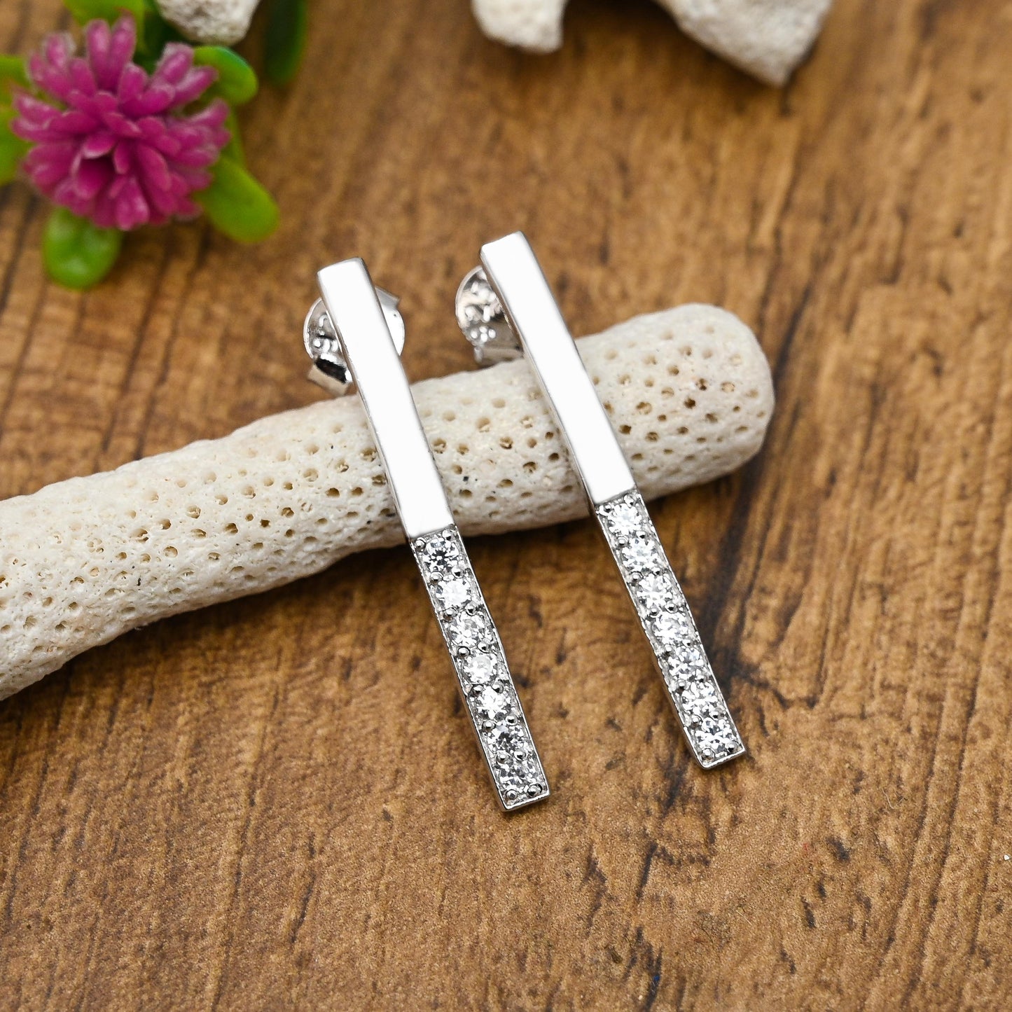 Straight Line Silver Earrings with Cubic Zirconia