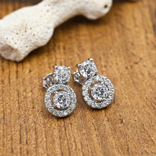 Double Solitaire Silver Studs with Cubic Zirconia