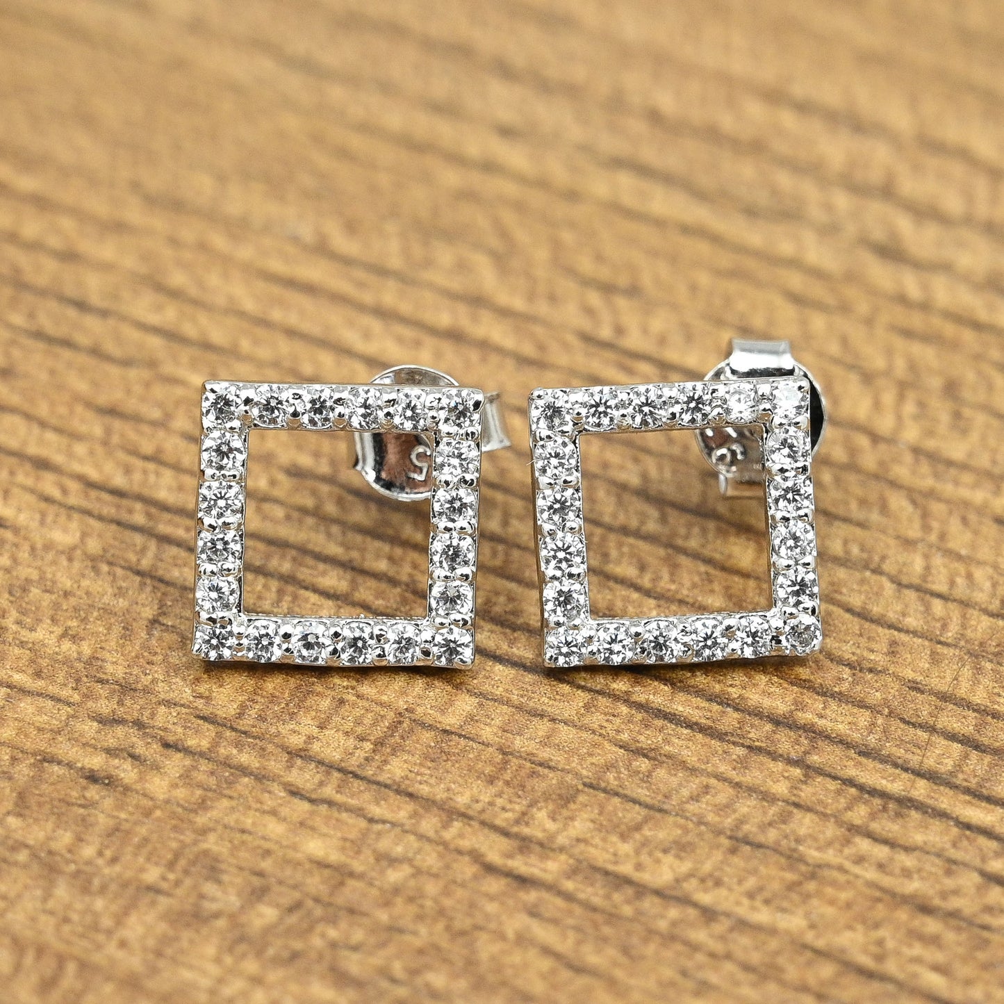 Square Hollow Silver Studs with Cubic Zirconia