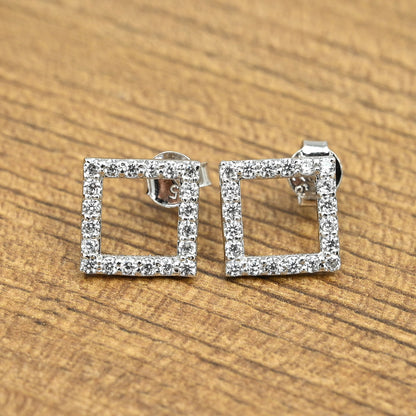 Square Hollow Silver Studs with Cubic Zirconia