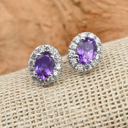 Cluster Oval Amethyst Silver Studs with Cubic Zirconia