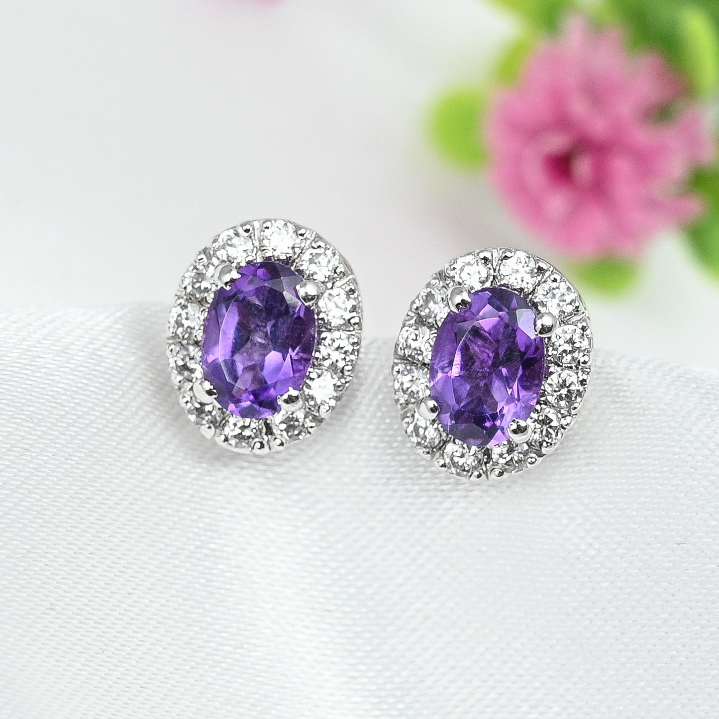 Cluster Oval Amethyst Silver Studs with Cubic Zirconia