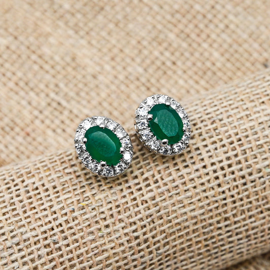 Cluster Oval Green Onyx Silver Studs with Cubic Zirconia
