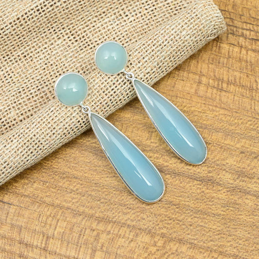 Tumid Silver Earrings with Blue Chalcedony