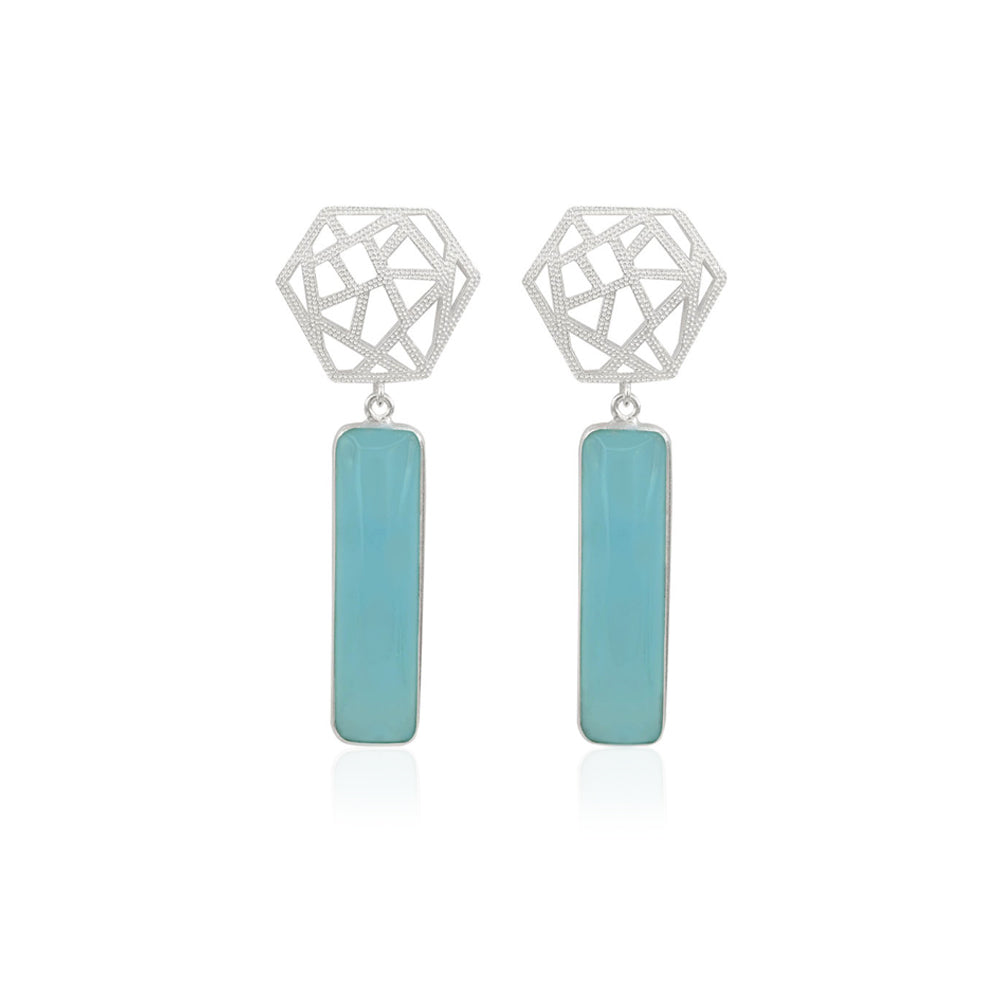 Boxy Silver Earrings with Blue Chalcedony