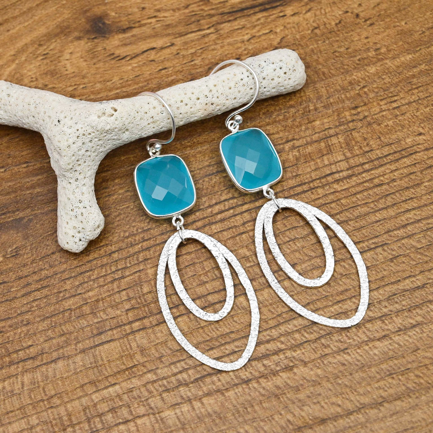 Ovate Silver Earrings with Blue Chalcedony