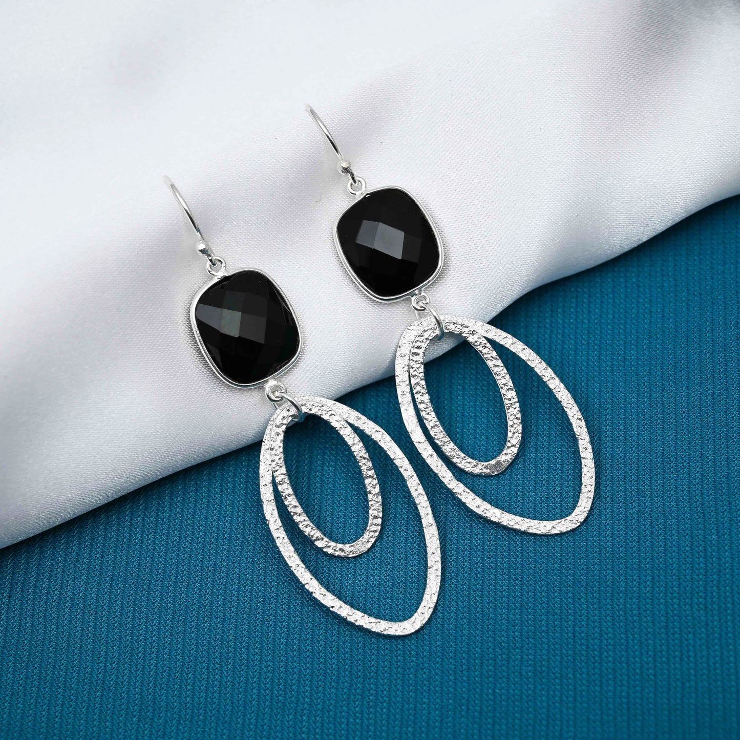 Ovate Silver Earrings with Black Onyx