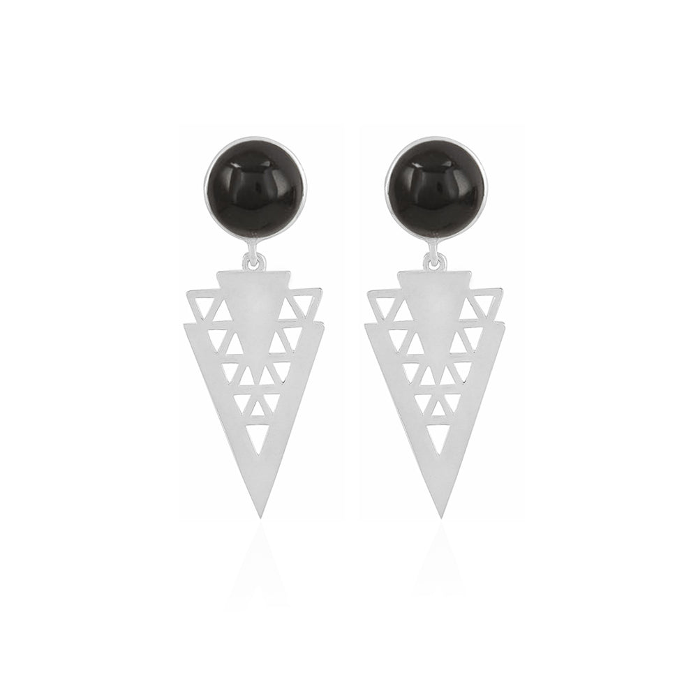 Silver dangle earrings adorned with vibrant black onyx gemstone..