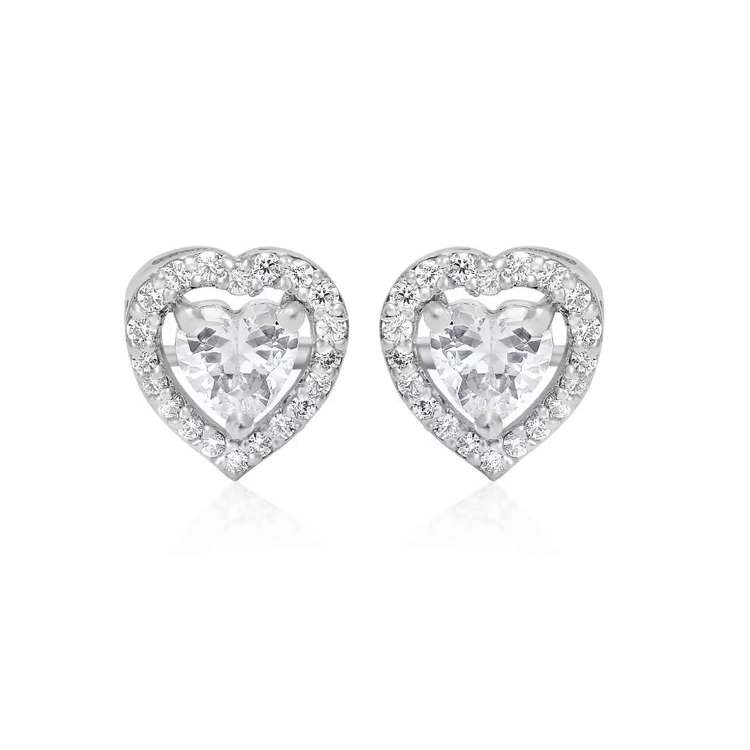 Elegant CZ-Adorned Heart Stud Earrings in Sterling Silver