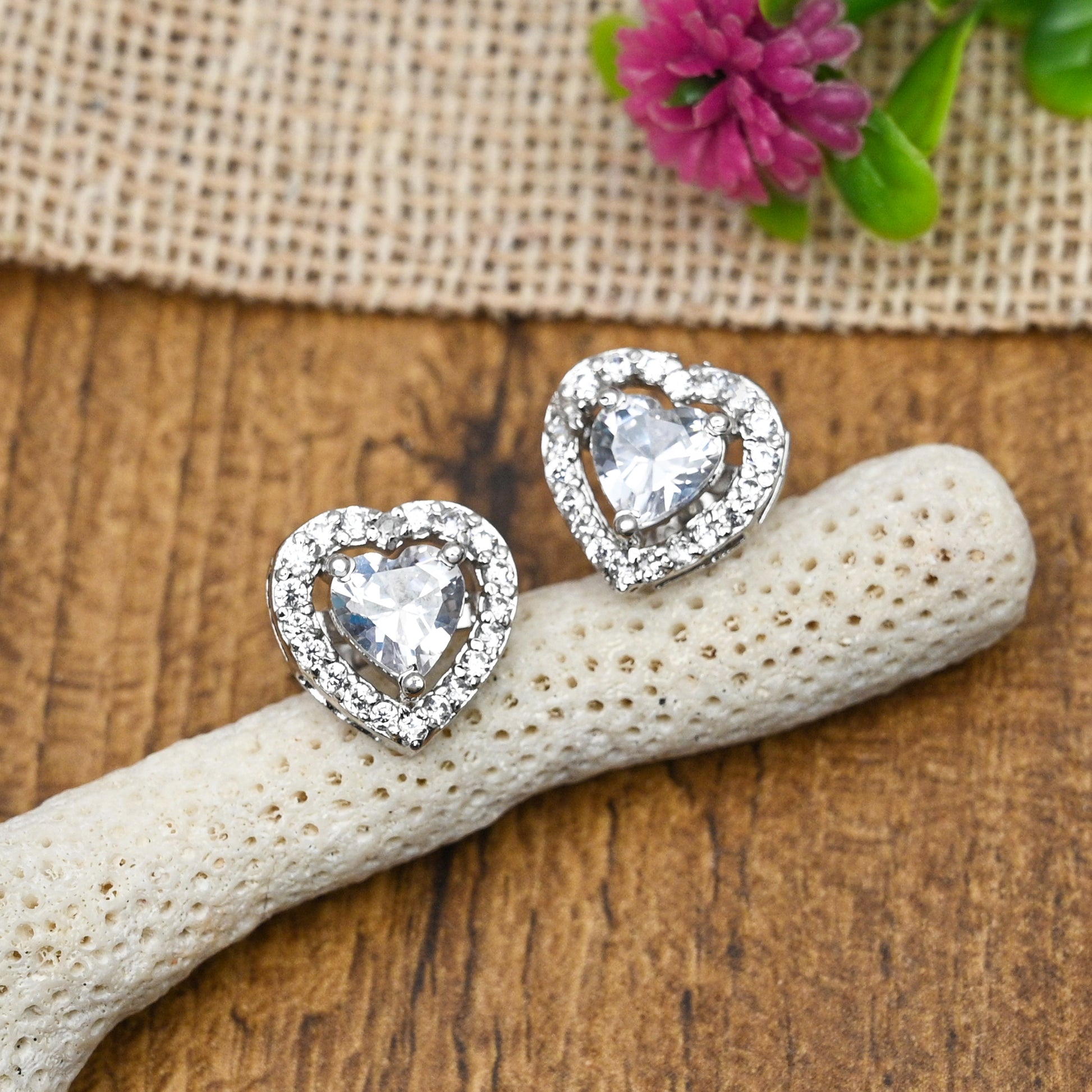 Shimmering Sterling Silver Heart Studs with CZ Accents