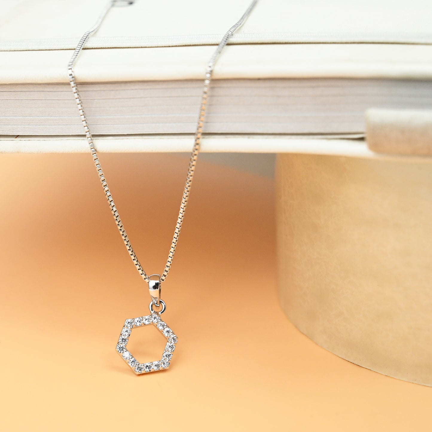 Hexagon Shaped Hollow Silver pendant in Cubic Zirconia with chain