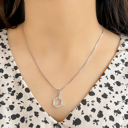 Hexagon Shaped Hollow Silver pendant in Cubic Zirconia with chain