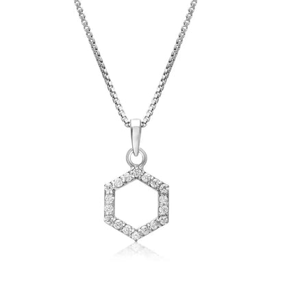 Hexagon Shaped Hollow Silver pendant in Cubic Zirconia with chain