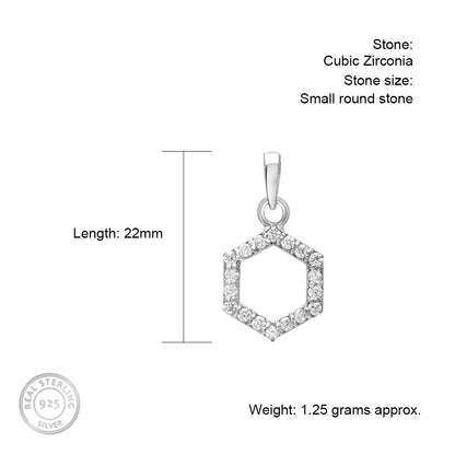 Hexagon Shaped Hollow Silver pendant in Cubic Zirconia with chain