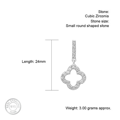 Long Clover Hollow Silver Earrings with Cubic Zirconia